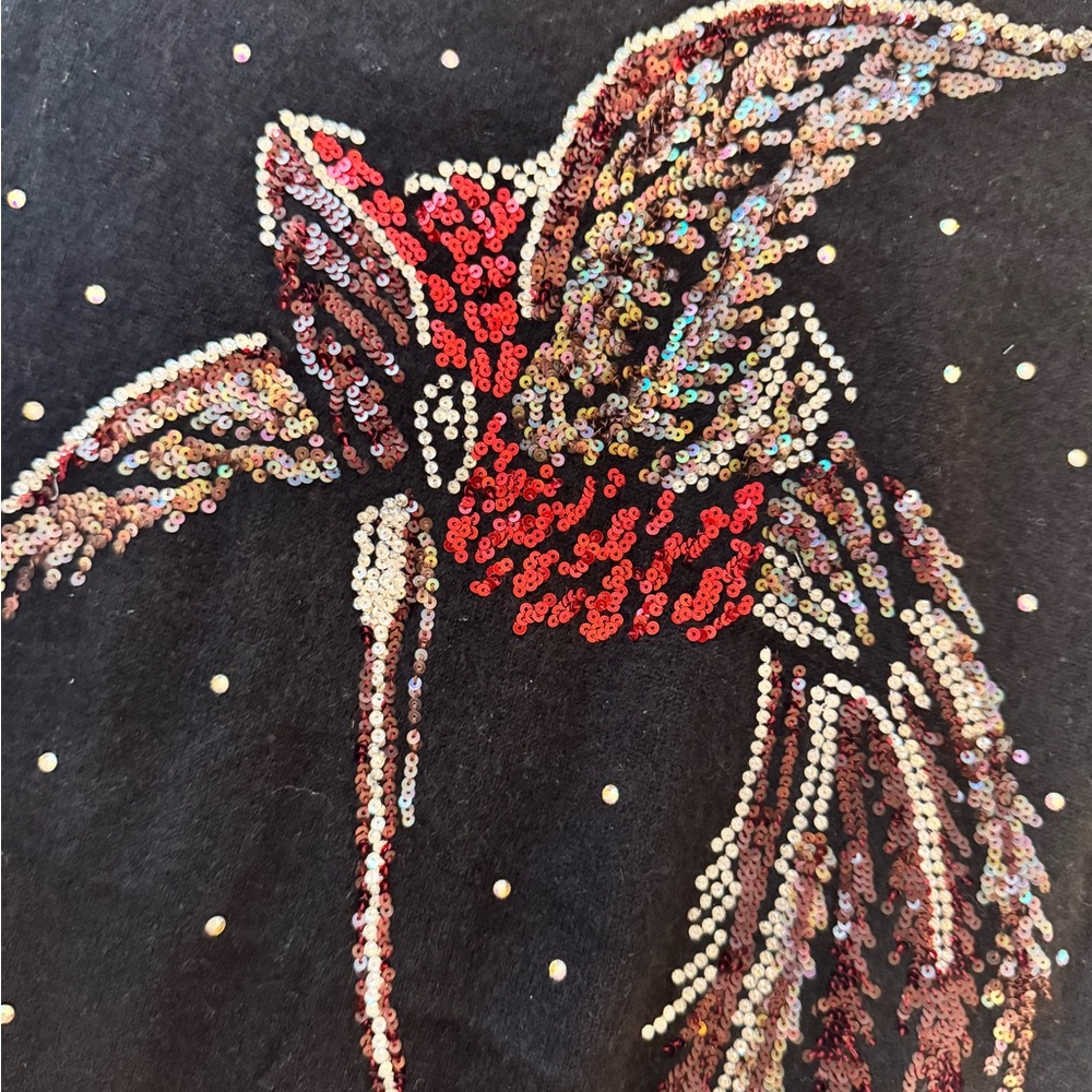 Sequin Cashmere Bird Design on Black Fabric sweater